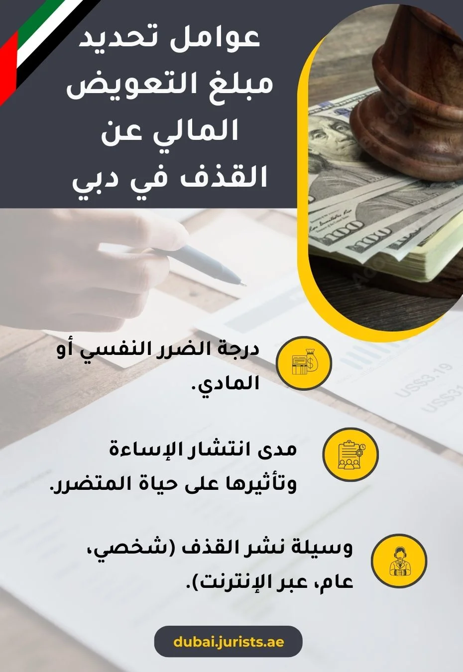 عوامل تحديد مبلغ التعويض المالي عن القذف في دبي